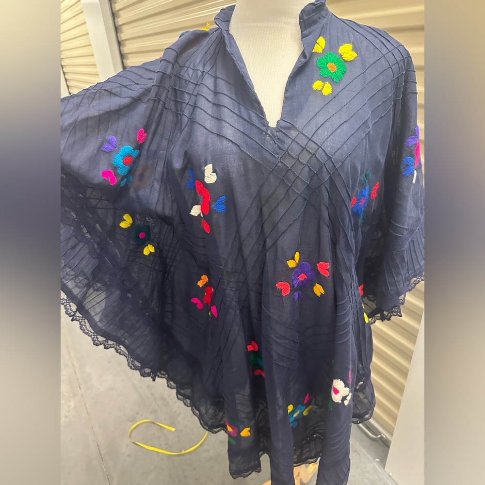 Embroidered Navy Poncho- Floral Accents 70’s Bohemian Beach Coverup Festival